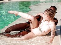 Pisica Mimi suge tipul negru excitat de piscină
